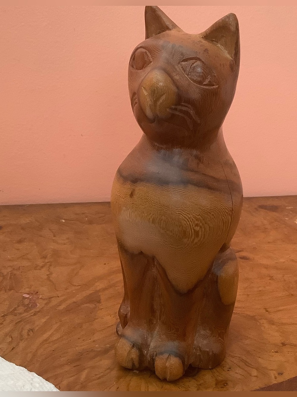 Vintage Hand Carved Solid Wood Cat Statue Figurine Folk Art Mid Century Modern
